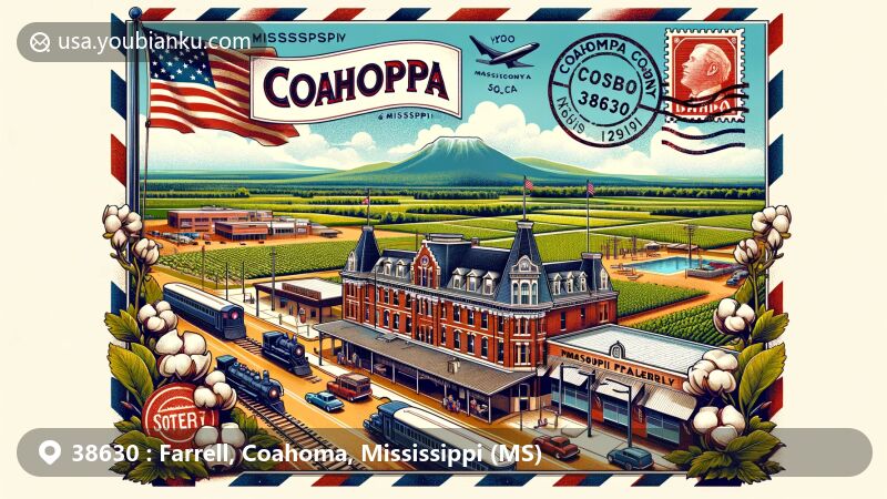 Modern illustration of Farrell, Coahoma County, Mississippi, capturing postal theme with ZIP code 38630, featuring New Alcazar Hotel and Yazoo & Mississippi Valley Passenger Depot.