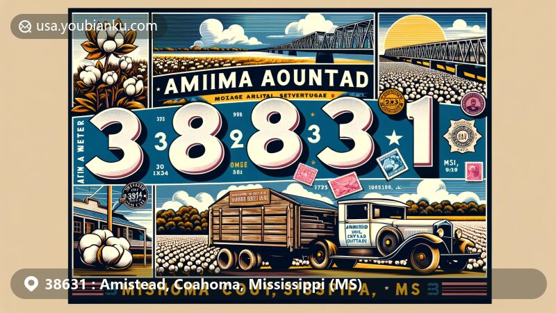Modern illustration of Amistead, Coahoma County, Mississippi, reflecting the region's historical and geographical importance within the Mississippi Delta, featuring cotton fields, Mississippi River, and postal elements.