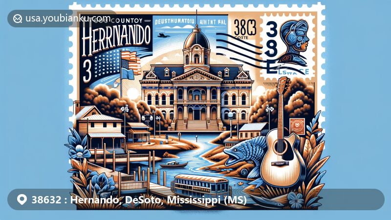 Modern illustration of Hernando, Mississippi, featuring DeSoto County Courthouse, blues music elements, Bayou Point Mountain Bike Trail, and Arkabutla Lake, framed by a vintage airmail envelope with ZIP code 38632.