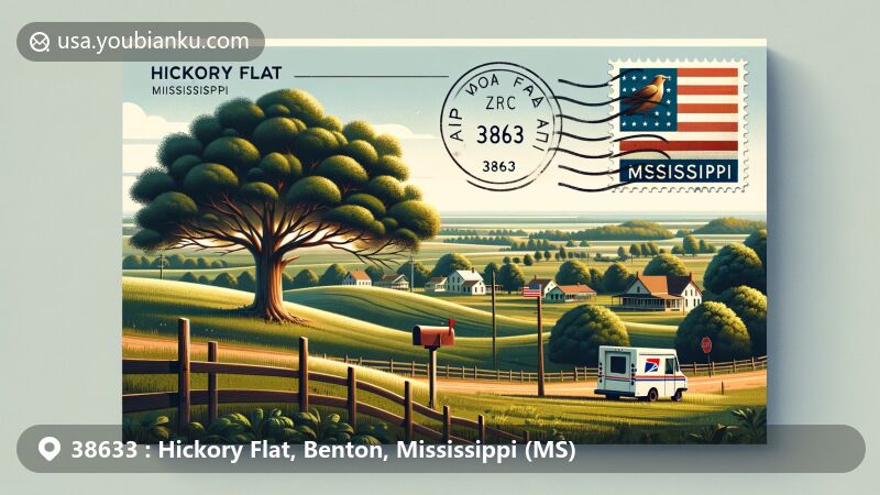 Modern illustration of Hickory Flat, Benton County, Mississippi, featuring lush hills and hickory trees, symbolizing the town's natural environment and name origin, showcased on an airmail envelope with clear ZIP code 38633 and postal stamp elements.