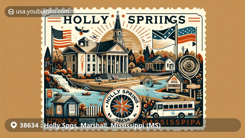 Modern illustration of Holly Springs, Marshall County, Mississippi, themed around ZIP code 38634, featuring local landmarks like Holly Springs Courthouse Square Historic District, Hillcrest Cemetery, Mississippi state symbols, vintage postcard elements, and natural beauty of Wall Doxey State Park, Chewalla Lake, and Holly Springs National Forest.