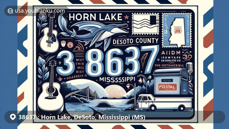 Modern illustration of Horn Lake, DeSoto County, Mississippi, featuring ZIP code 38637, showcasing Elvis Ranch and blues heritage elements, with Mississippi state flag and postal theme.