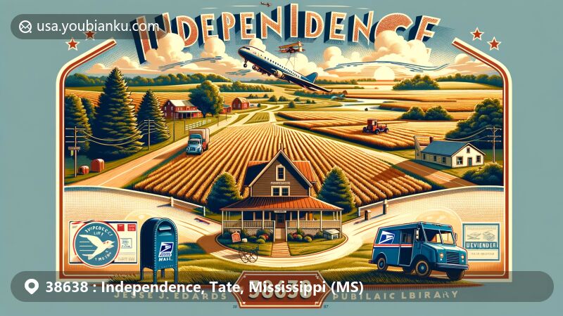 Modern illustration of Independence, Tate County, Mississippi, highlighting ZIP code 38638, showcasing agricultural landscape, emphasizing natural beauty, and featuring educational and cultural elements like Jesse J. Edwards Public Library and postal motifs.