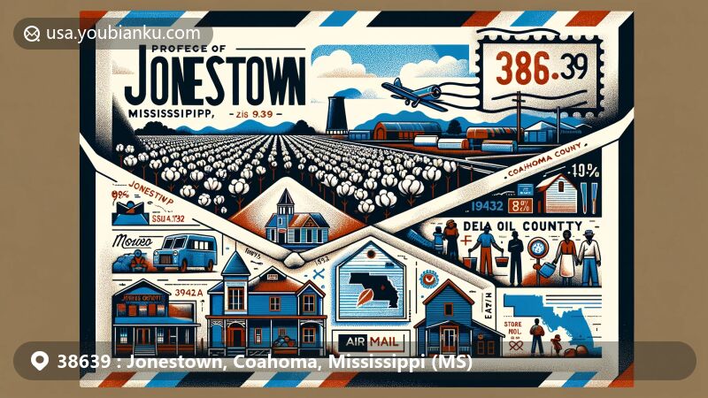 Modern illustration of Jonestown, Coahoma County, Mississippi, inspired by air mail envelope, showcasing African American community (98.13%), Delta Oil Mill, education emphasis, and postal symbols.