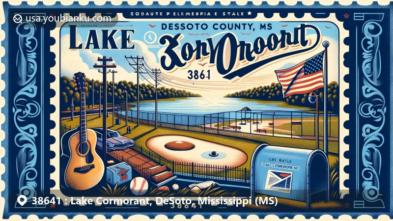 Modern illustration of Lake Cormorant, DeSoto County, Mississippi, featuring scenic view of Lake Cormorant Community Park with walking trail and ball fields, including local symbols like blues guitar and baseball, and Mississippi state flag.