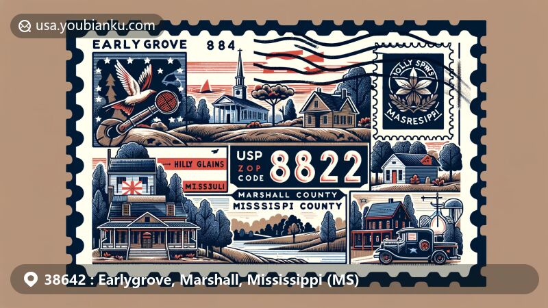 Modern illustration of Earlygrove, Marshall County, Mississippi, featuring Mississippi state flag, Holly Springs National Forest, iconic buildings like Hillcrest Cemetery and Holly Springs Courthouse Square Historic District, vintage air mail envelope design with postal elements and ZIP code 38642, showcasing Strawberry Plains Audubon Center and antebellum homes.