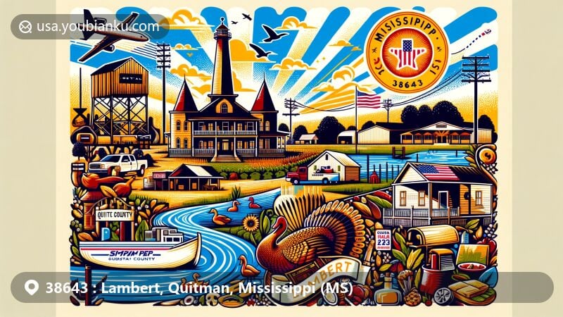 Modern illustration of Lambert, Mississippi, showcasing postal theme with ZIP code 38643, featuring Mississippi Delta charm, soul food, duck hunting, and state symbols.