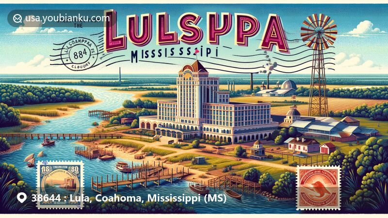 Modern illustration of Isle of Capri Casino Hotel in Lula, Mississippi, highlighting the Mississippi River, forests, and agricultural fields in Coahoma County, designed in vintage postcard style with a ZIP code '38644' stamp and Lula, MS postmark.
