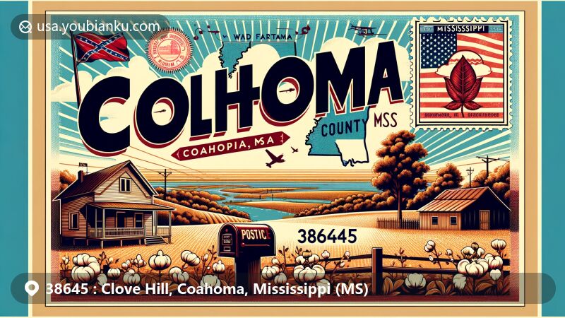 Vintage-style illustration of Clove Hill, Coahoma, Mississippi (MS) with postal theme for ZIP Code 38645, showcasing Coahoma County and Mississippi symbols like cotton and the Mississippi River against a scenic Mississippi Delta backdrop.