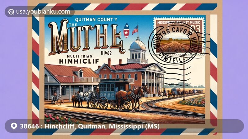 Modern illustration of Hinchcliff, Quitman, Mississippi, showcasing air mail envelope design with Mississippi state flag postage stamp, emphasizing ZIP code 38646, featuring Mississippi Highway 3 and 1968 Mule Train Cultural Trail Markers.
