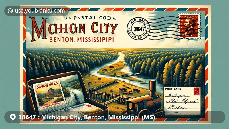 Modern illustration of Michigan City, Benton County, Mississippi, showcasing a vintage airmail envelope with a glimpse of a postcard featuring Davis' Mills Battle Site, an important Civil War historical site in Michigan City. The postcard also includes an illustration of Wolf River, highlighting its significance in local geography and Civil War battles. The background lightly depicts the typical dense forests and rolling hills of northern Mississippi, hinting at its location within the Holly Springs National Forest. Added postal elements such as a vintage stamp with 'Michigan City, 38647', a postmark with the current date, and a classic red mailbox are included. The illustration is web-friendly with vibrant colors, attracting attention, while showing respect for historical context. Text on the stamp and postmark is clear, accurately reflecting the ZIP code and location.