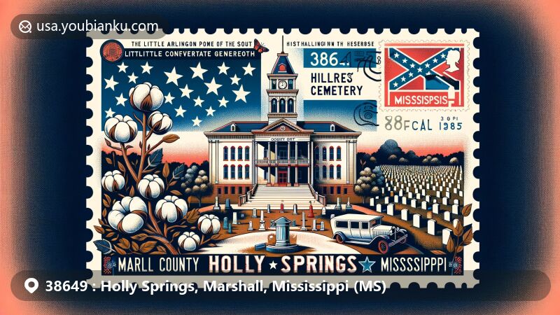 Modern illustration of Holly Springs, Marshall County, Mississippi, representing postal theme with ZIP code 38649, featuring Marshall County Courthouse, Hillcrest Cemetery, cotton fields, Chalmers Institute, and Mississippi state flag.
