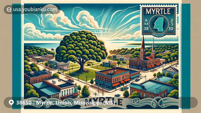 Modern illustration of Myrtle, Mississippi, Union County, ZIP code 38650, highlighting small-town charm and myrtle trees, symbolizing natural beauty and community spirit.