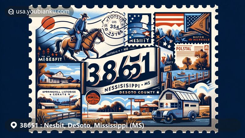 Modern illustration of Nesbit, Mississippi, DeSoto County, capturing local culture with references to Jerry Lee Lewis' ranch, Springhill Historic Memorial Garden Cemetery, Snowden Grove Park, and Circle G Ranch, featuring postal elements like postcard with '38651 Nesbit, MS' postmark.
