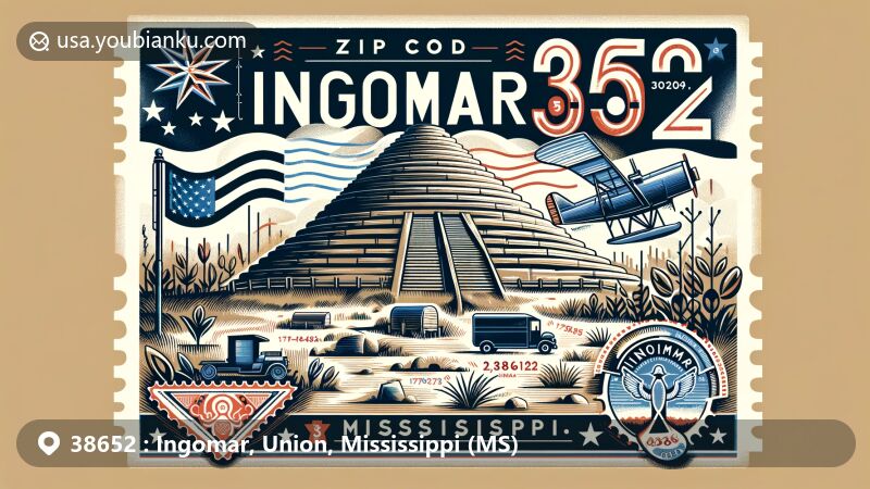 Modern illustration of Ingomar area, Union County, Mississippi, featuring Ingomar Mounds and Mississippi state symbols within a vintage airmail theme, centered around ZIP code 38652.