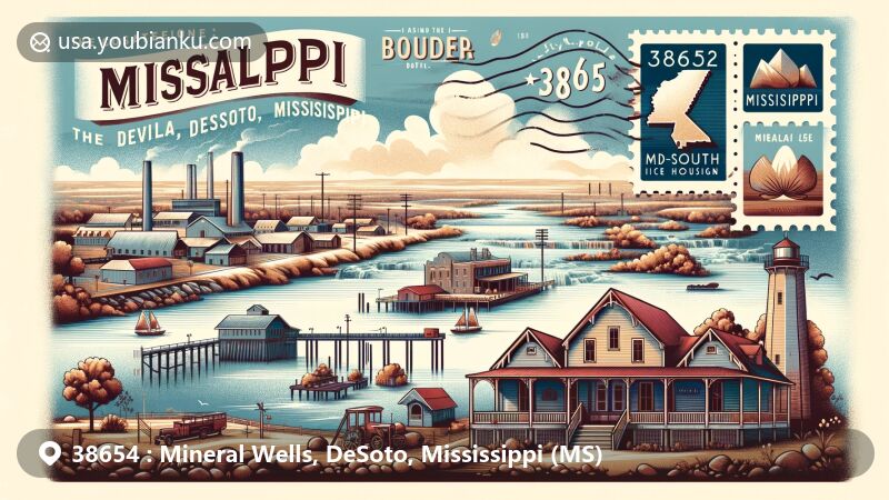 Modern illustration of Mineral Wells, DeSoto, Mississippi, featuring postal theme with ZIP code 38654, showcasing the Mississippi River and the Mid-South Ice House.
