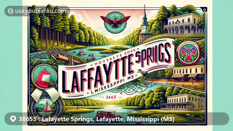 Modern illustration of Lafayette Springs, Lafayette County, Mississippi, blending Holly Springs National Forest's landscapes with Oxford's historic downtown, paying homage to William Faulkner's Yoknapatawpha County, featuring postal motifs like vintage postcard edge, stylized postage stamp of Mississippi state flag, and postal mark with ZIP code 38655.
