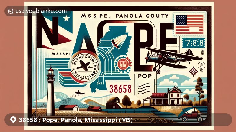 Modern illustration of Pope, Panola County, Mississippi, showcasing postal theme with ZIP code 38658, featuring the Mississippi state flag and local landmarks.