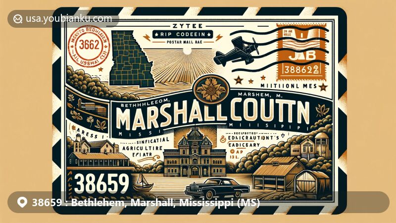 Modern illustration of Bethlehem, Marshall County, Mississippi, featuring Holly Springs National Forest, significant agricultural heritage, and historical importance in education and Civil War. Design mimics vintage airmail envelope with modern illustration techniques, highlighting Mississippi state outline, Marshall County location marker, iconic agricultural scenes, and symbolic representations of historical education and military significance, along with detailed portrayal of Holly Springs National Forest. Postal stamp showcases ZIP code 38659, in line with airmail theme. Artwork captures the blend of rich history and natural beauty, showcasing the region's unique features.