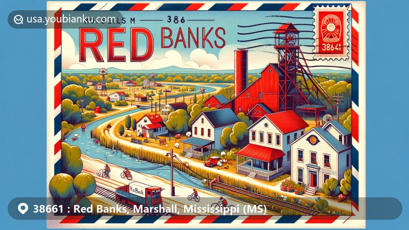 Modern illustration of Red Banks, Mississippi, showcasing charming community atmosphere with ZIP code 38661, featuring biking trails, parks, and fishing spots against a vintage postcard backdrop.