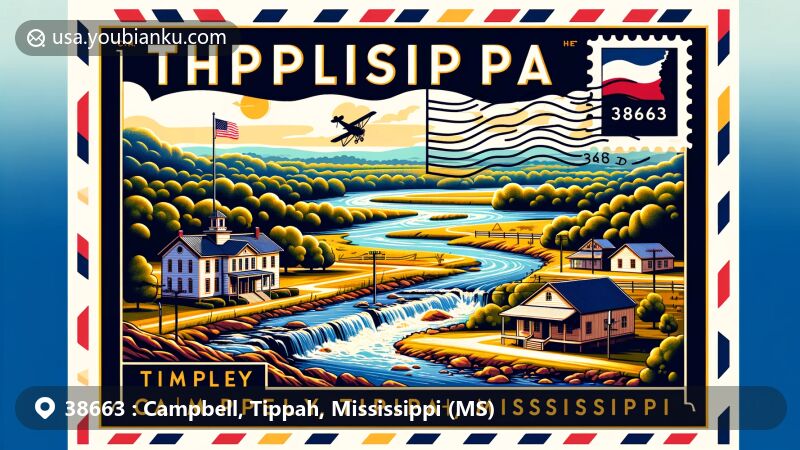 Modern illustration of Tippah County, Mississippi, featuring 38663 ZIP Code area with historical and cultural highlights including Tippah County Historical Museum, Tippah Creek, Tallahatchie River, Ripley, and Mississippi state flag.