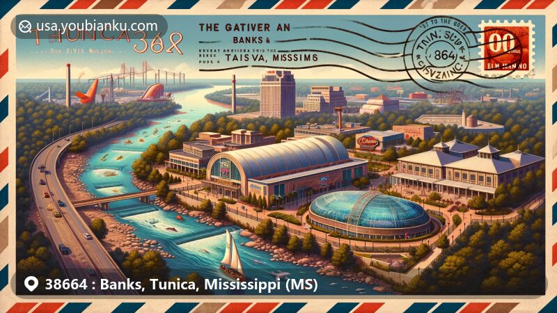 Modern illustration of Banks, Tunica, Mississippi, highlighting Tunica RiverPark & Museum and Gateway to the Blues Museum, featuring vibrant casino scene and vintage airmail envelope theme with ZIP code 38664.