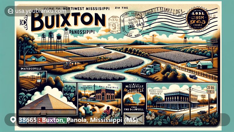 Vibrant illustration of Buxton, Panola County, Mississippi, featuring cotton fields, Tallahatchie River, Batesville Mounds, and tribute to Mississippi Fred McDowell, with modern postal theme showcasing ZIP code 38665.