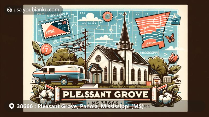 Creative depiction of Pleasant Grove, Panola County, Mississippi, with a unique postal theme and local landmarks, featuring Pleasant Grove Methodist Church, Panola County map, vintage airmail elements, and Mississippi state symbols.