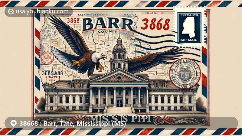 Modern illustration of Barr, Tate County, Mississippi, styled as an air mail envelope with vintage touches, featuring Tate County Courthouse and Mississippi state seal.
