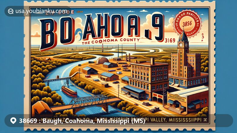Modern illustration of Baugh, Coahoma County, Mississippi, representing ZIP code 38669, featuring iconic landmarks like New Alcazar Hotel, WROX Building, and Yazoo and Mississippi Valley Passenger Depot.