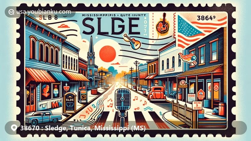Modern illustration of Sledge, Mississippi, highlighting postal theme with ZIP code 38670, featuring Main Street charm, honoring Charley Pride with music symbols, incorporating Mississippi state flag and Quitman County outline.