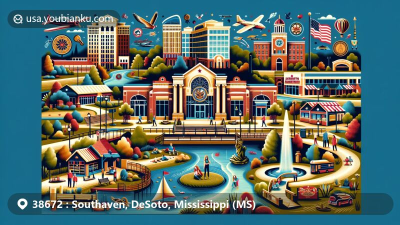 Modern illustration of Southaven, DeSoto County, Mississippi, featuring ZIP Code 38672 area with Southaven Towne Center as commercial hub, Snowden Grove Park with outdoor activities, and nod to DeSoto County Museum.