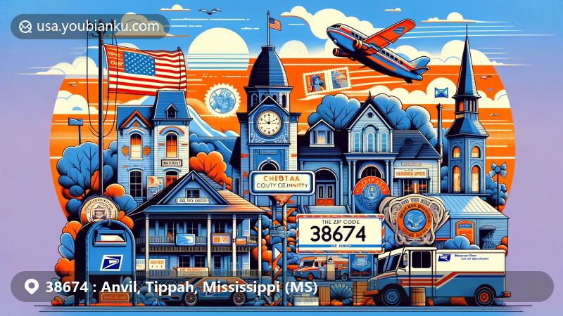 Modern illustration of Tippah County, Mississippi, showcasing Blue Mountain College Historic District, Old US Post Office in Ripley, and Ripley Historic District, with postal elements and vibrant art style.