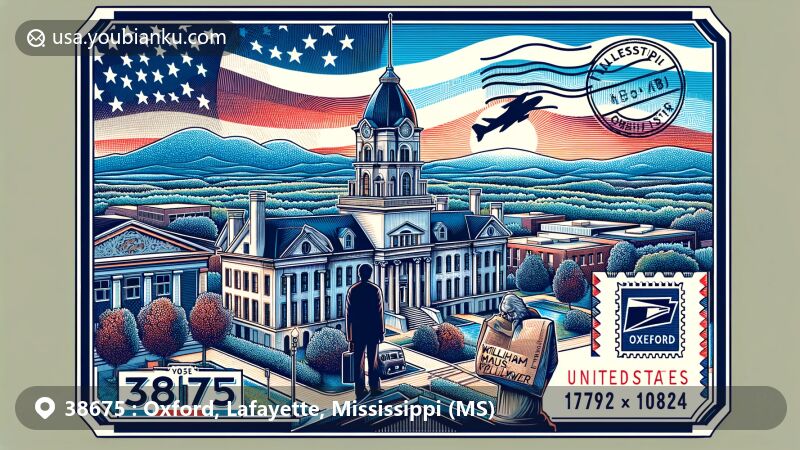 Modern illustration of Oxford, Lafayette County, Mississippi, blending landmarks like the University of Mississippi and a tribute to William Faulkner with postal themes, featuring rolling hills and Courthouse Square.
