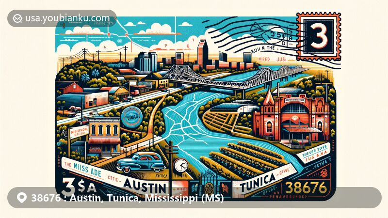 Modern illustration of Austin and Tunica area, Tunica County, Mississippi, featuring Mississippi River, Gateway to the Blues Museum, and agricultural elements, with postal theme including vintage postcard, stamp, and ZIP code 38676.