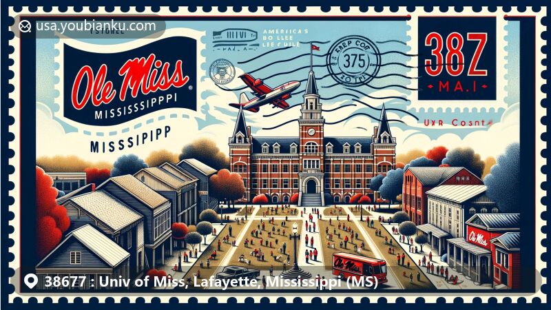 Modern illustration of Oxford, Lafayette County, Mississippi, representing ZIP code 38677, showcasing University of Mississippi (Ole Miss) and surrounding area, blending postal theme with academic symbols and state flag.