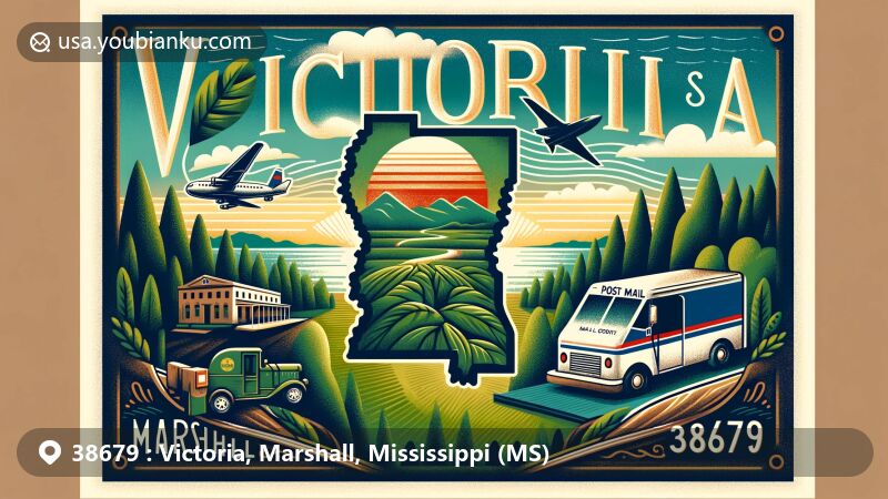 Modern illustration of Victoria, Marshall, Mississippi, blending postal elements for ZIP code 38679, showcasing regional symbols and landmarks with serene landscapes and cultural heritage.