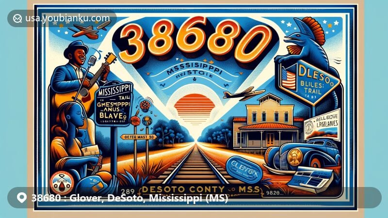 Modern illustration of Glover, DeSoto County, Mississippi, featuring postal theme with ZIP code 38680, incorporating geographical landmarks and Mississippi Blues Trail marker.