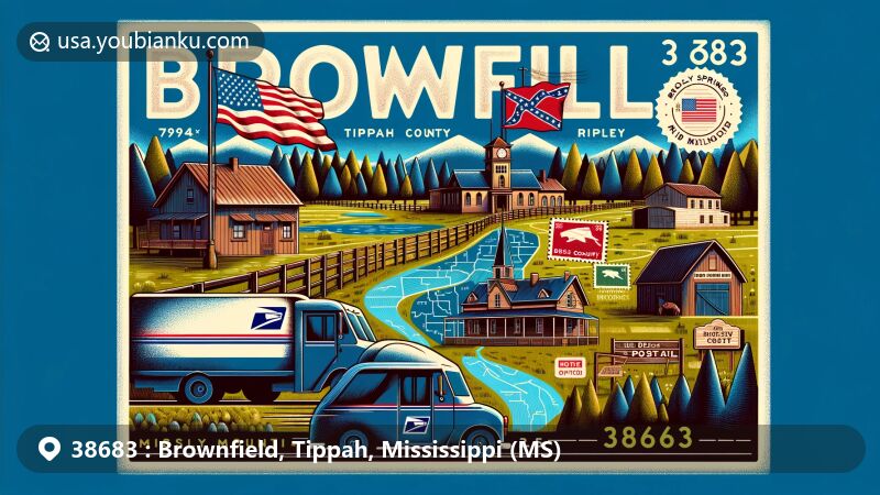 Modern illustration of Brownfield, Tippah County, Mississippi, inspired by a creative postcard format, featuring the Mississippi state flag, Tippah County outline, and landmarks like Blue Mountain College and Old US Post Office. Includes Holly Springs National Forest backdrop, vintage postal elements, and ZIP code 38683.