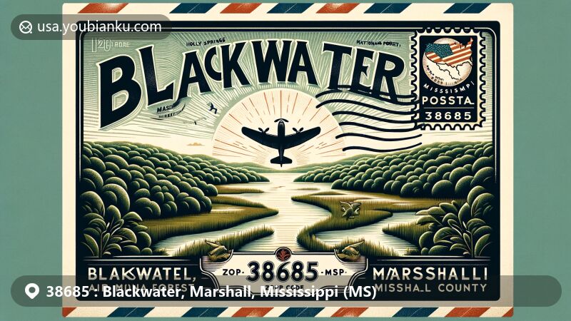 Modern illustration of Blackwater, Marshall County, Mississippi, featuring vintage airmail envelope with ZIP code 38685, showcasing Holly Springs National Forest and state flag.