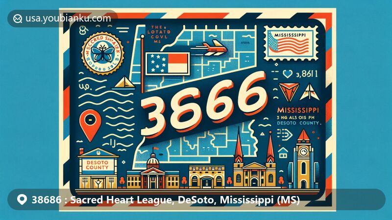 Modern illustration of Walls, DeSoto County, Mississippi, highlighting the unique identity of ZIP code 38686 with a focus on the Sacred Heart League and regional symbols, set in a creative web display style.