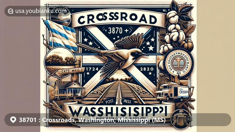 Modern illustration of Crossroads, Washington County, Mississippi, with postal themes and ZIP code 38701, showcasing the Mississippi Delta landscape and symbols like the magnolia tree and mockingbird.