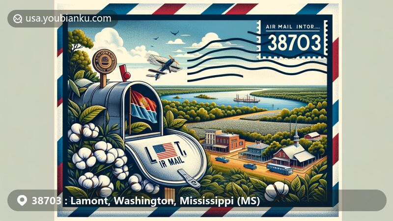 Modern illustration of Lamont, southern Mississippi, highlighting postal theme with ZIP code 38703, featuring Mississippi River, natural landscapes, and classic American mailbox with letters and state flag in an air mail envelope.
