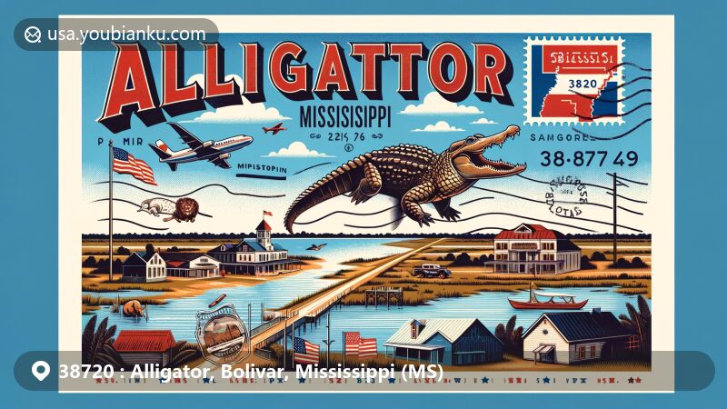 Modern illustration of Alligator, Bolivar, Mississippi, highlighting postal theme with ZIP code 38720, featuring state flag and postal elements, designed in vibrant colors for web display.