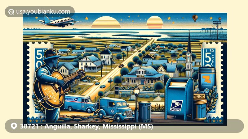 Modern illustration of Anguilla, Sharkey County, Mississippi, capturing the small-town scenery and cultural heritage of the Mississippi Delta region with elements of Delta blues music and a strong community spirit.