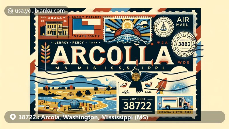 Modern illustration of Arcola, Washington County, Mississippi, featuring ZIP code 38722, blending geographical and cultural elements with postal themes, including Leroy Percy State Park and Choctaw language origin.