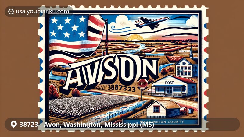Modern illustration of Avon, Mississippi, showcasing postal theme with ZIP code 38723, encompassing the state flag and Washington County outline, featuring a post office element and a generic landmark like a cotton field or river.