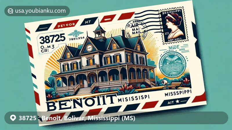 Modern illustration of Benoit, Mississippi, showcasing The Baby Doll House, a historical antebellum landmark, with postal theme and ZIP code 38725, integrating state symbols and vibrant design.