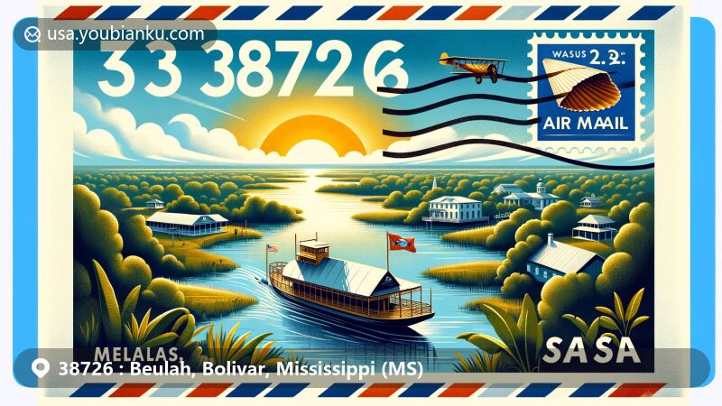 Modern illustration of Beulah, Mississippi, in Bolivar County, featuring postal theme with ZIP code 38726 and symbolic elements like Lake Beulah, Mississippi River boat, and pearl, embodying town's history and cultural significance.