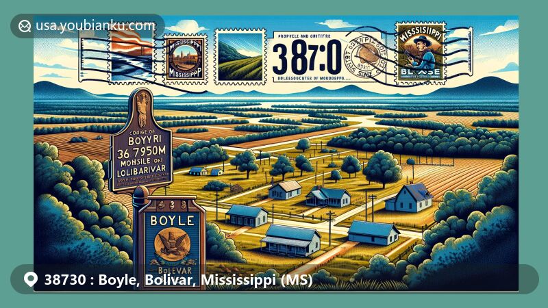 Modern illustration of Boyle and Bolivar, Mississippi, showcasing postal theme with ZIP code 38730, featuring local landmarks and Mississippi state symbols.